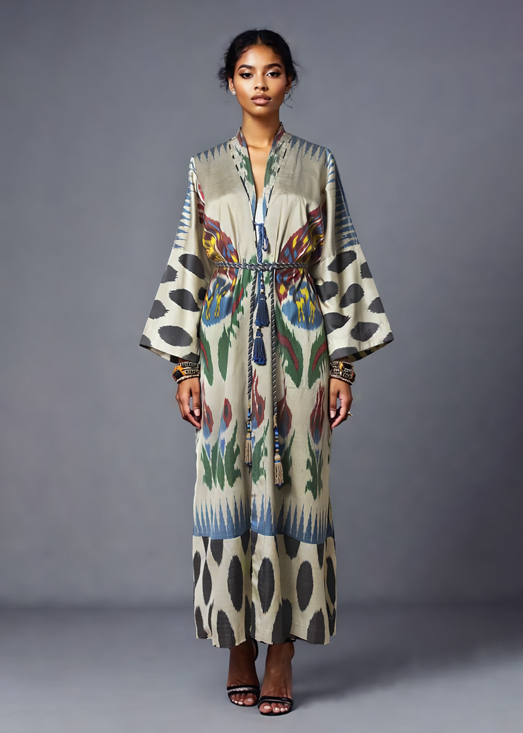 Silk Ikat robe with Tulip design and polka dots